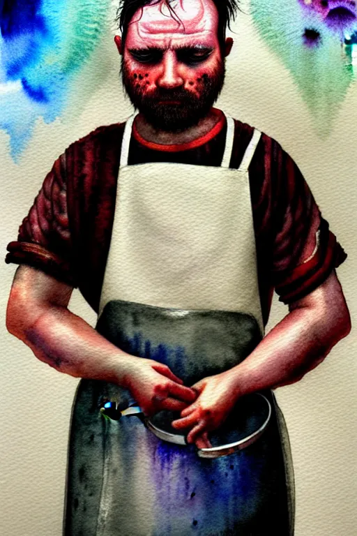 Prompt: watercolor portrait of a butcher with a white apron, raining, romantisism, outrun, pastel colors, painting, moody, detailed, by android jones