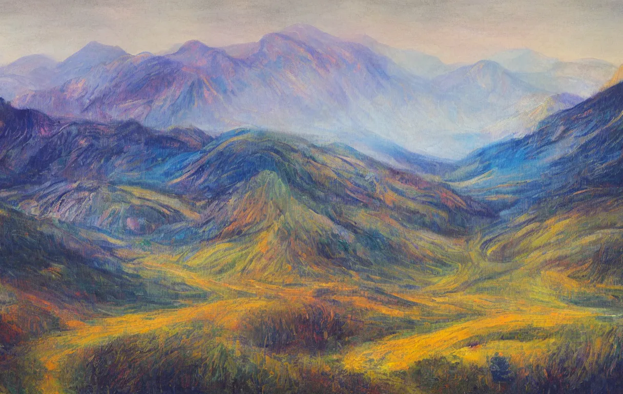 Prompt: Realist colorful impasto painting of the Salmon River mountain valley at midnight by John Harris, 4k scan, oil on canvas, visible brushstrokes