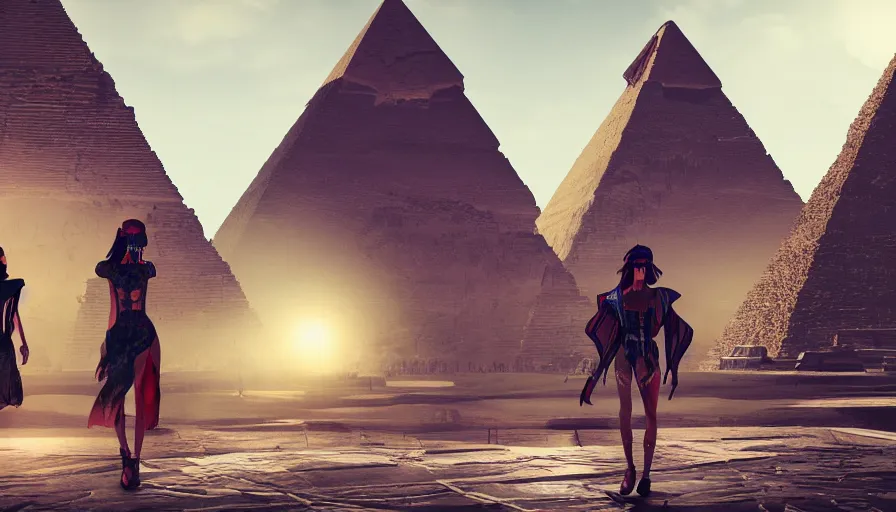 Image similar to Fashion Catwalk inside the Pyramids, Concept Art, Artstation, Hyperdetailed, Unreal Engine, Octane, Redshift, 4k, Fashion Photography