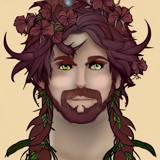 Image similar to male firbolg druid with vines and hibiscus flowers as hair simple drawing, comic style