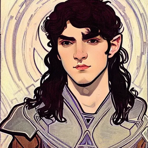 Prompt: painting of young handsome beautiful paladin elf!! man with long wavy dark hair in his 2 0 s named shadow taehyung at the blueberry party, wearing armor!, elegant, clear, painting, stylized, delicate, soft facial features, art, art by alphonse mucha, vincent van gogh, egon schiele,