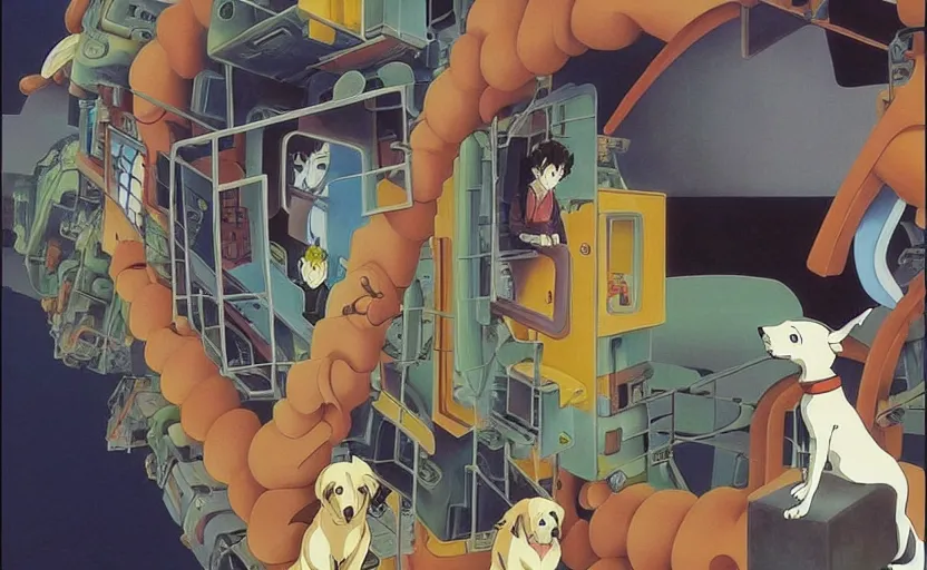 Image similar to beautiful painting from the anime film by studio ghibli, floppy eared dog devouring a robot, happy, MC Escher inspired by Salvador Dali-H 1024