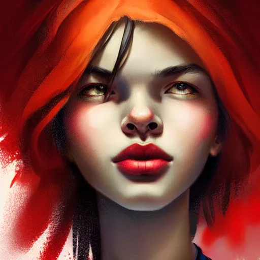 Image similar to colorful and festive captivating teenager with straight brown hair covering his eye, dark skin, big lips, big eyes, wearing a red t - shirt. rich vivid colors, ambient lighting, dynamic lighting, 4 k, atmospheric lighting, painted, intricate, highly detailed by charlie bowater