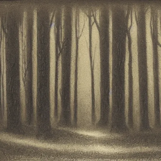 Prompt: A dark forest, mezzotint
