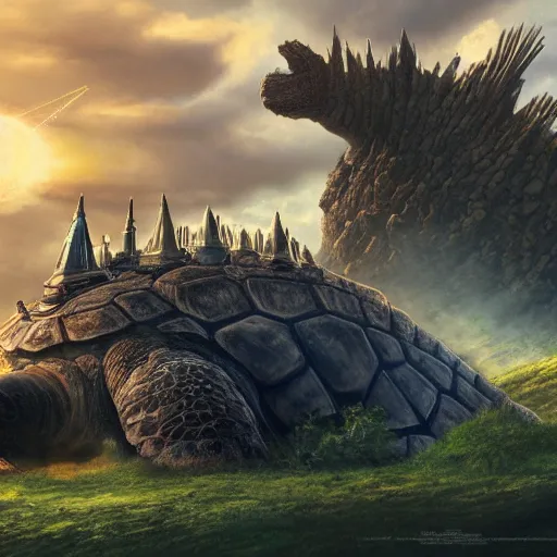 Prompt: large fantasy castle riding on the top of a giant tortoise, towering over a harsh wasteland with sharp rays of sunlight, howls moving castle, mortal engines, kaiju, distant - mid - shot, fantasy, hyper detailed, 4 k