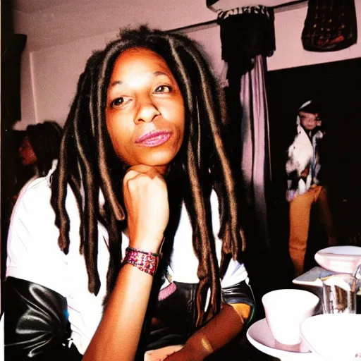 Image similar to jamaican woman with dreads wearing a leather jacket and a plaid miniskirt at a fancy restaurant, polaroid, by nan goldin, jamel shabbaz, gregg araki