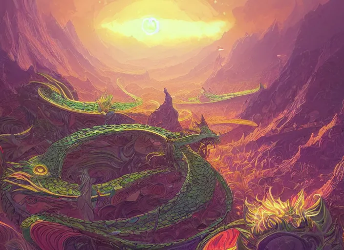 Image similar to psychedelic concept art of a dragon landscape made of thousands of spiraling dragons, cel shaded, in the style of makoto shinkai and moebius and peter mohrbacher and anton fadeev