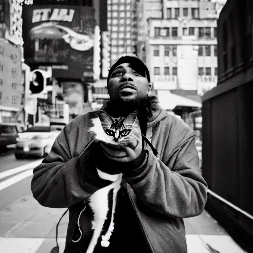 Prompt: nyc rapper holding a cat, fish eye lens, 3 5 mm film camera