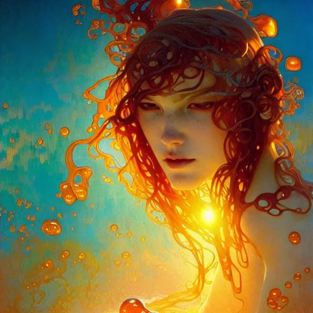 Image similar to mind bending ocean waves of glossy liquid honey drops flowing like psychedelic translucent amber, lsd waves, lsd ripples, backlit, sunset, refracted lighting, art by collier, albert aublet, krenz cushart, artem demura, alphonse mucha