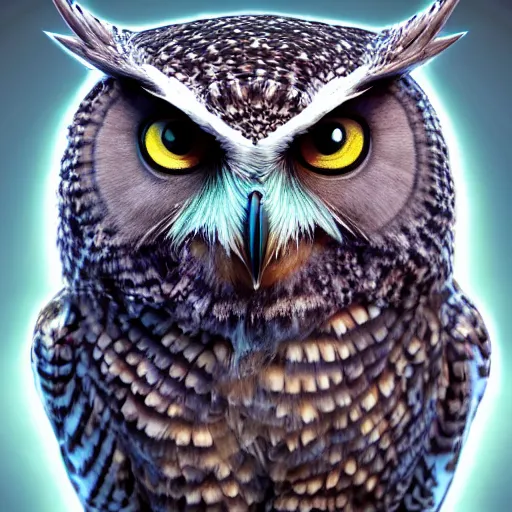 Prompt: magic owl, portrait, hyperrealistic, symmetry, octane render, detailed, hdr