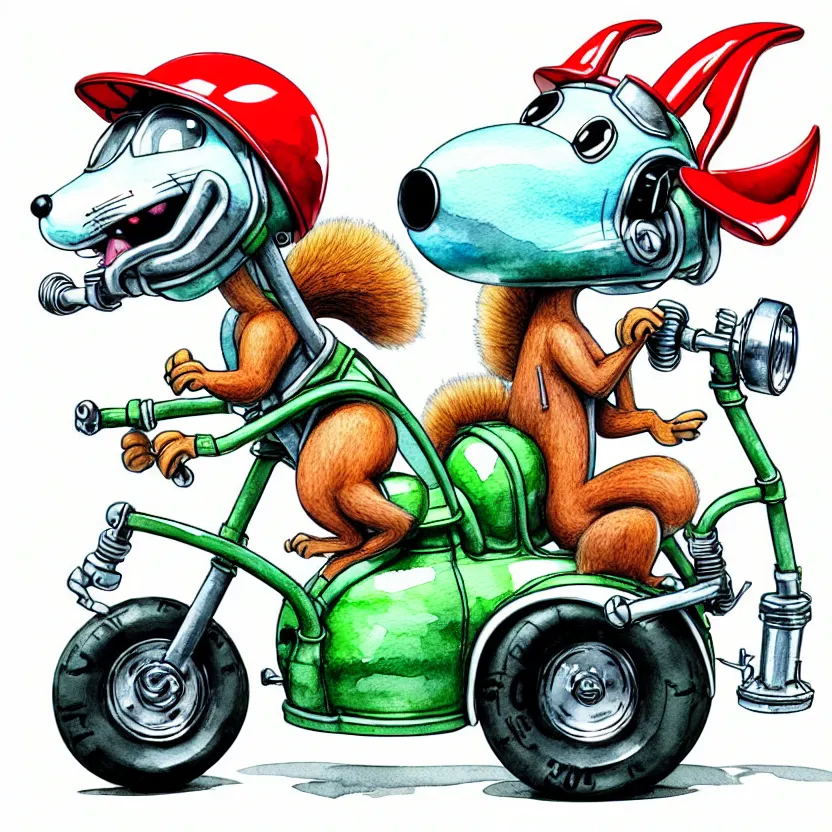 Image similar to cute and funny, squirrel wearing a helmet riding in a hot rod with oversized engine, ratfink style by ed roth, centered award winning watercolor pen illustration, isometric illustration by chihiro iwasaki, edited by range murata, tiny details by artgerm and watercolor girl, symmetrically isometrically centered, sharply focused