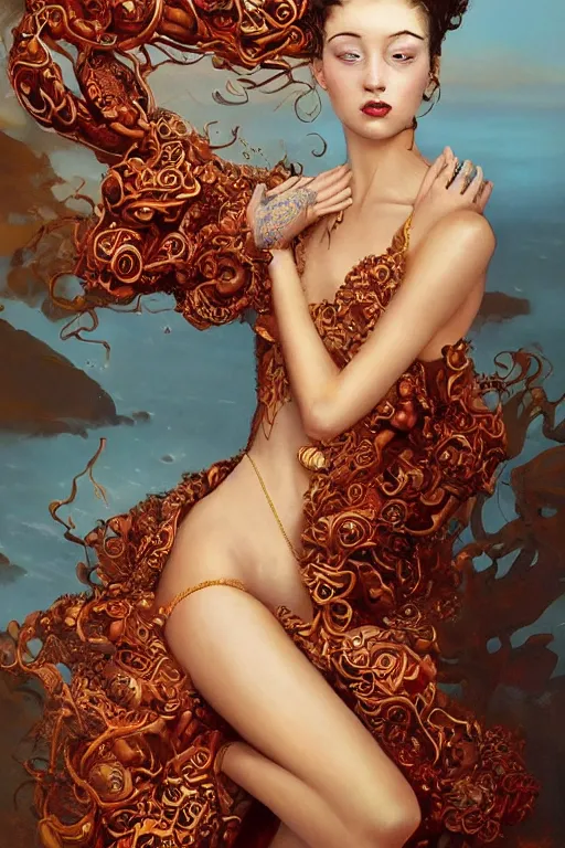 Prompt: an epic painting of a 1 9 years old girl figure on vacation, curly messy high bun hairstyle, whimsically designed oriental tattoos, subject wearing a gold and ruby alexander mcqueen medieval gown, flowing, ornate, beautiful, forbidden beauty, dramatic earth colors, with few fire red highlights, by jeremy mann and greg rutkowski, trending on artstation, oil on canvas