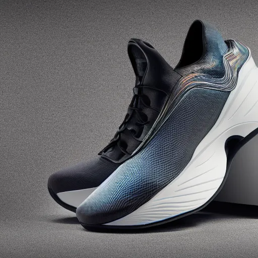 Prompt: product photography extremely detailed futuristic sports sneakers with a detailed foam sole, with holographic elements, 3 d model, hyperrealism, balenciaga style ultra rendered extreme realism and detail, 8 k, f / 2. 2, canon 8 5 mm, photorealistic, sharp focus,