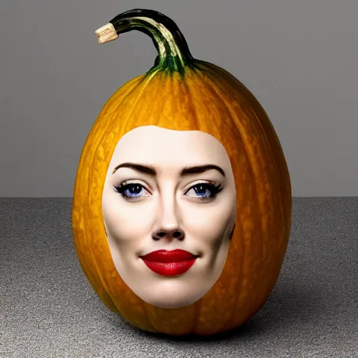 Image similar to a gourd shaped to look like the face of amber heard intercross hybrid mix