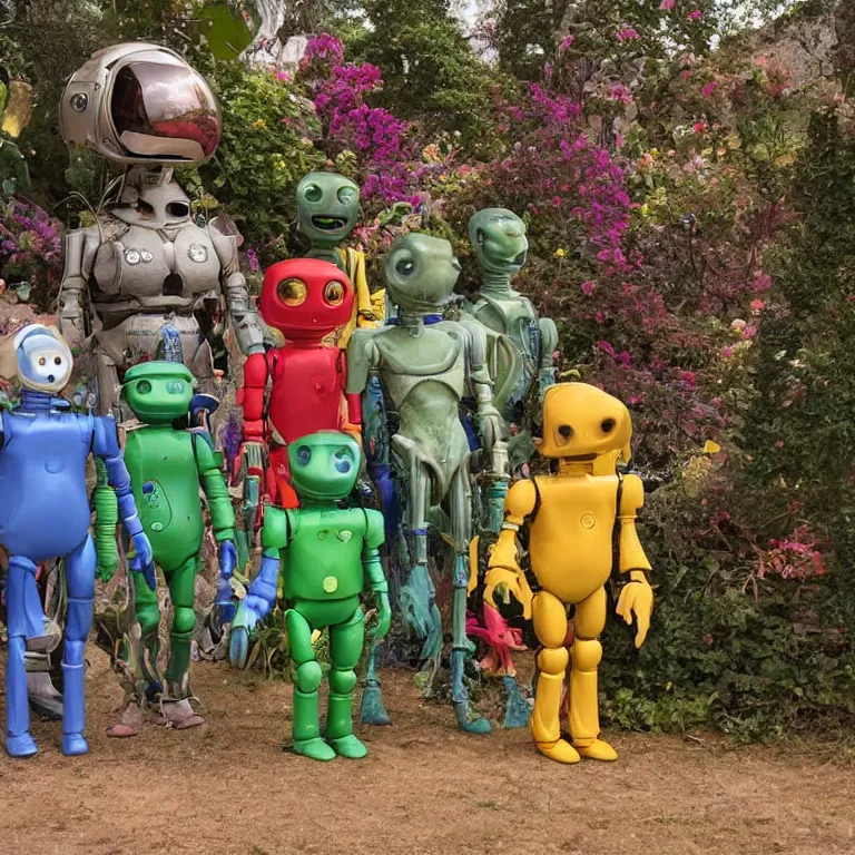 Prompt: 140mm film still from a sci fi blockbuster color movie made in 2019, set in 1860, of a human family standing in a park, next to some alien plants and flowers, their cute humanoid robot is standing next to them, on an alien planet, the family are all wearing 1850s era clothes, good lighting, good photography