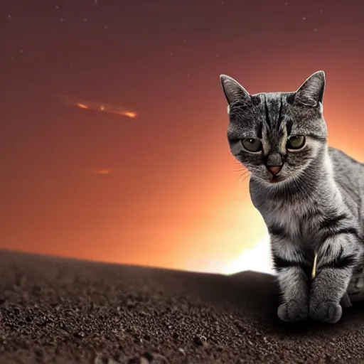 Image similar to cat wearing a spacesuit while walking on martian sunset