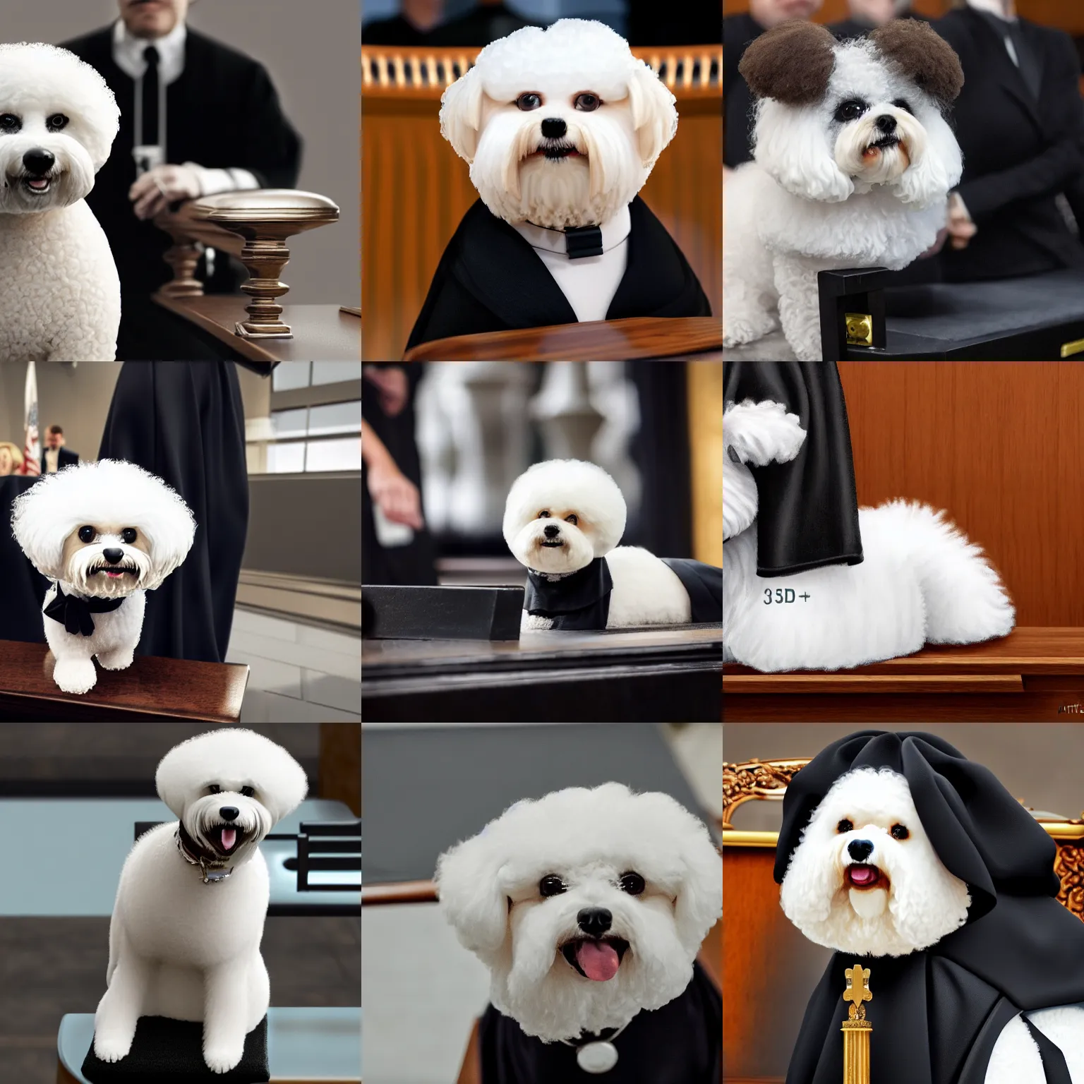 Prompt: a closeup photorealistic illustration of a smiling bichon frise judge wearing a black gown with a gavel at the bench. this 4 k hd image is trending on artstation, featured on behance, well - rendered, extra crisp, features intricate detail and the style of unreal engine.