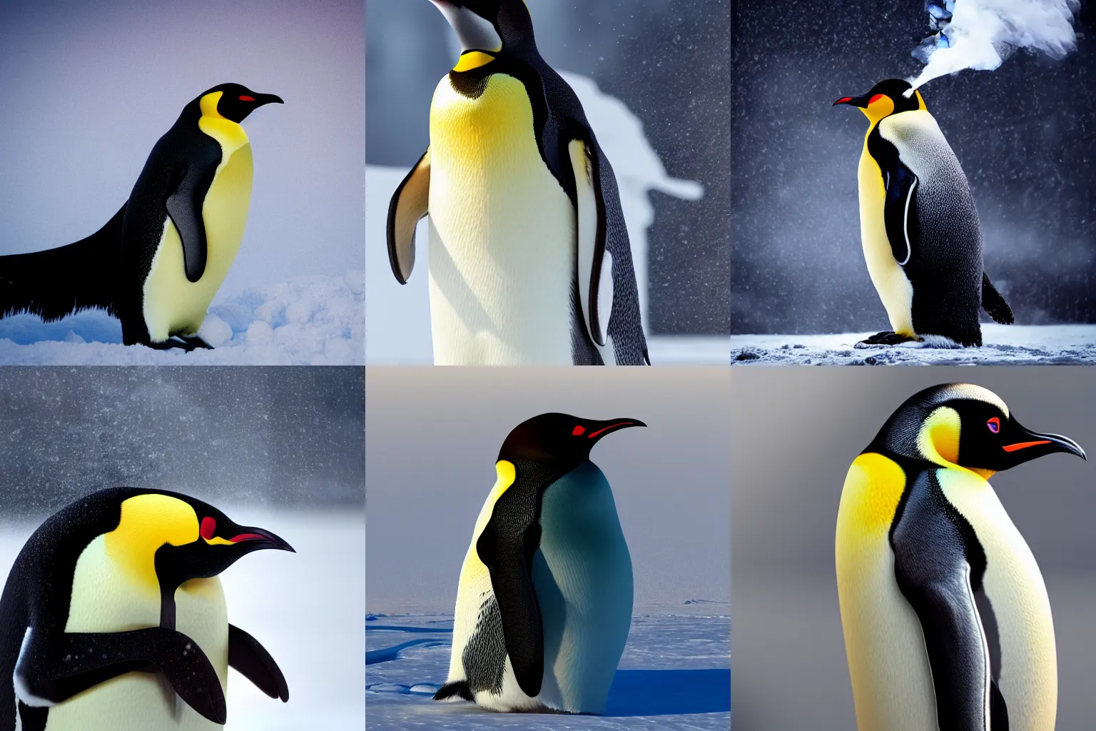 Prompt: ultra detailed octane render of an emperor penguin, volumetric lighting, post processing, after effects, smoke, shadows and natural lighting, dramatic pose, steam rising, snowy background, ultra high detail, ultra fine hair, ultra fine texture, hyper realistic,