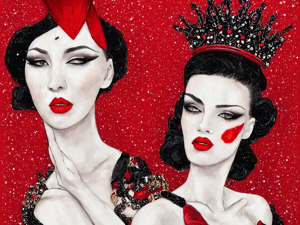 Image similar to a woman with dark eye shadow, white skin, red lips, slick black hair slicked back, an intricate crown of beads hanging over her eyes in the style of the Cell, artstation trending, painterly, Alexander mcqueen, red dress with high collar, flat illustration