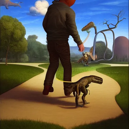 Image similar to dream a kid at the park walking a dinosaur with a leash, renaissance oil painting by George Lucas and Jarosław Jaśnikowski and Dan Mumford, hyperralistic, hyperdetailed