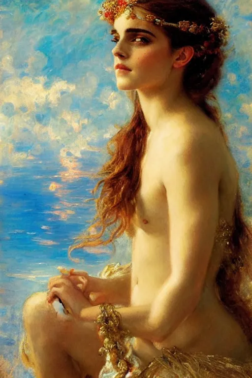 Image similar to portrait of emma watson as the goddess aphrodite. art by gaston bussiere.