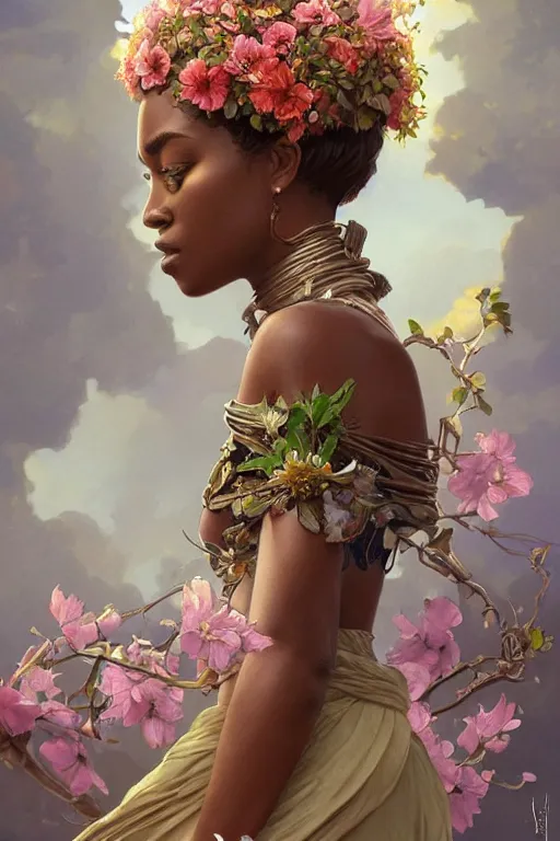 Image similar to ultra realistic illustration, beautiful swahili woman with flowers blossoming from helmet, elegant, highly detailed, digital painting, concept art, smooth, sharp focus, illustration, art by artgerm and greg rutkowski and alphonse mucha