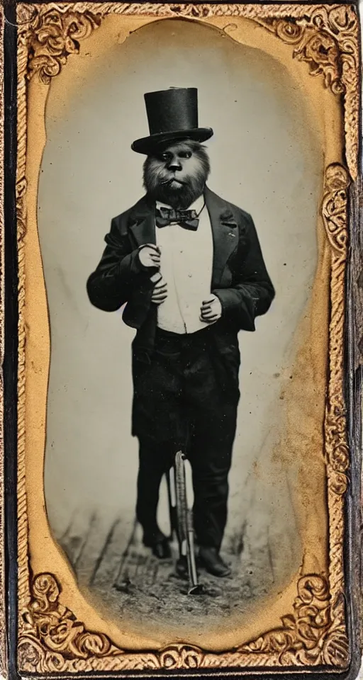 Prompt: a vintage tintype photograph of high class bigfoot wearing a top hat and carrying a cane