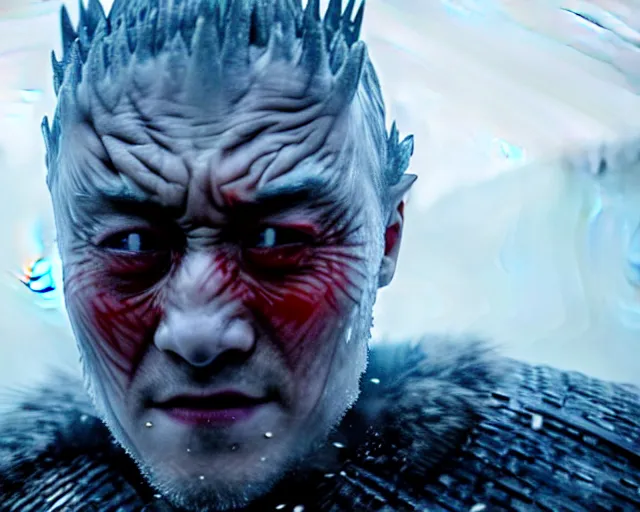 Image similar to justin sun crying as night king in game of thrones, extreme close - up of head encased in clear ice ball, crimson - black bee army behind, 4 k, epic, cinematic, focus, movie still, fantasy, extreme detail, atmospheric, dark colour, sharp focus