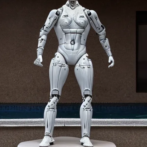 Image similar to a realistic detailed photo of a guy who is an attractive humanoid who is half robot and half humanoid, who is a male android, wrestler aj ferrari, shiny skin, posing like a statue, blank stare, by the pool, on display, showing off his muscles, humanoid robot, frozen ice statue