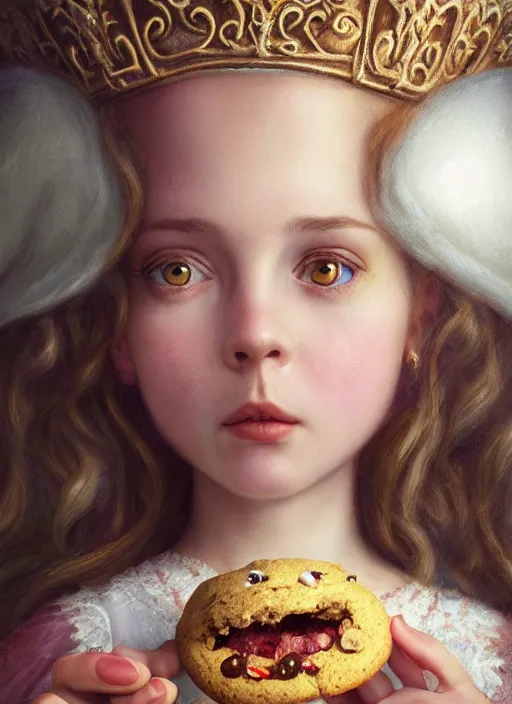 Image similar to highly detailed closeup portrait of a fairytale medieval princess eating cookies, unreal engine, nicoletta ceccoli, mark ryden, lostfish, earl norem, global illumination, god rays, detailed and intricate environment