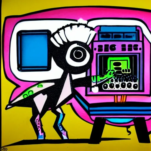 Image similar to 80s graffiti art style marker drawing of a dinosaur holding a synthesizer standing on a large speaker