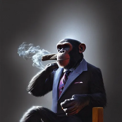 Image similar to a chimp wearing a suit smoking a cigar, dramatic lighting, cinematic, establishing shot, extremly high detail, photorealistic, cinematic lighting, artstation, style by James Gurney