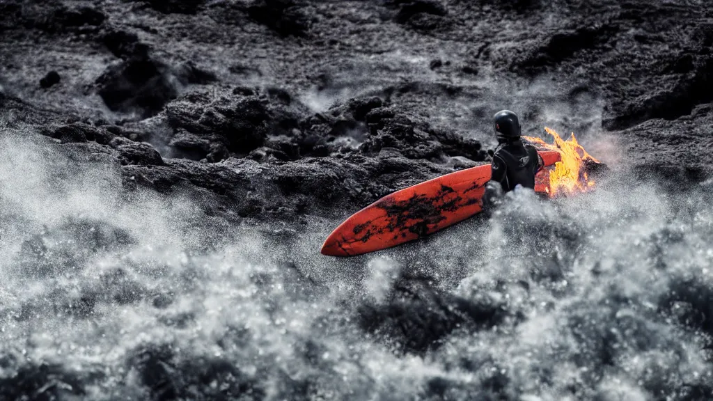 Image similar to person in armor surfing down a river of lava on the side of a volcano on surfboard, action shot, dystopian, thick black smoke and fire, motion blur, sharp focus, cinematic, tilt shift lens