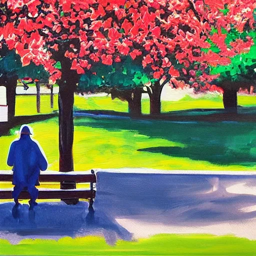 Prompt: man sitting on park bench next to the grim reaper peaceful acrylic painting sunny afternoon
