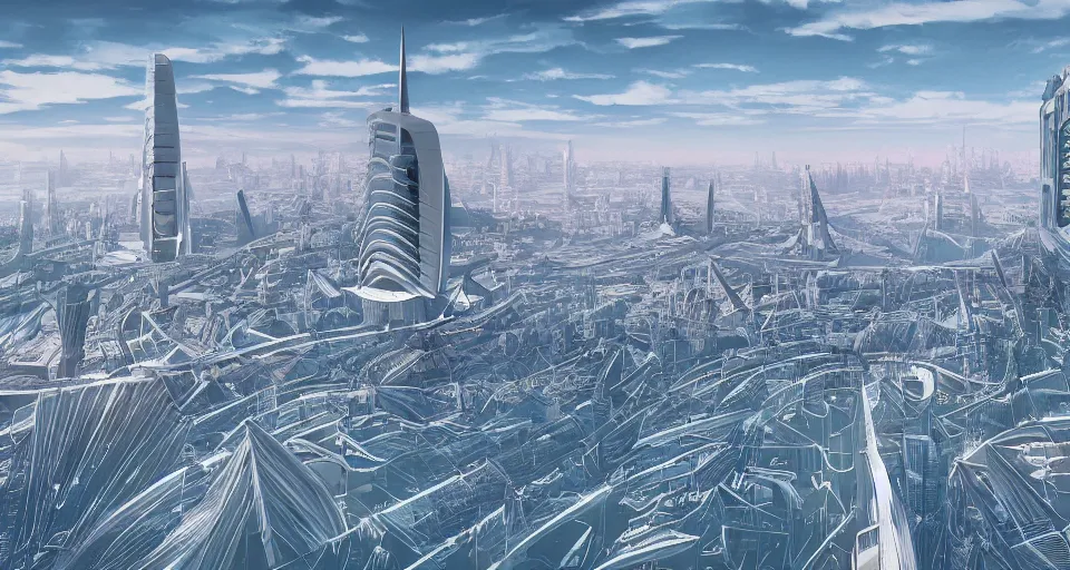 Image similar to view on futuristic city in the horizon, illustration by santiago calatrava, detailed, sharp, 8 k