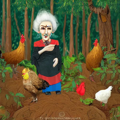 Prompt: the fabulous old woman baba yaga with stalin's nose and a wart on it. there is a black cat nearby. the background of huge chicken paws, on top of them is a hut. fabulous enchanting dense forest around. very clear image. hyperrealistic.