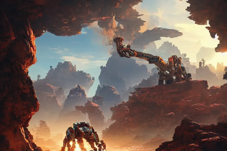 Prompt: rockbreaker machine mecanical creature robot of horizon forbidden west horizon zero dawn radiating a glowing aura global illumination ray tracing hdr fanart arstation by ian pesty and alena aenami artworks in 4 k