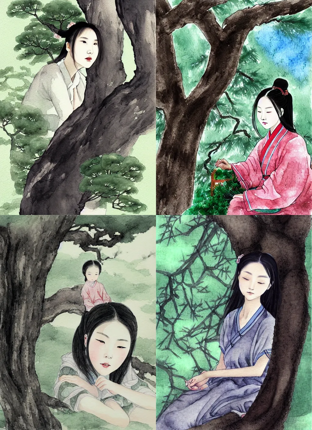 Prompt: portrait of ancient chinese girl rest under the tree, illustration, top lighting, perfect shadow, leaning towards watercolor, art by starember