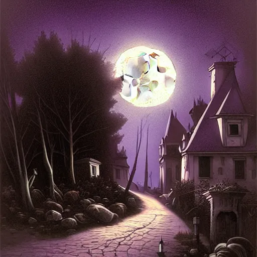 Image similar to in the style of gerald brom, caravaggio, beautiful small town, houses and buildings, 1 8 0 0 s, cobblestone roads, low light, purple low large moon, evil dark witch black magic, trees, forest in the distance, light mist