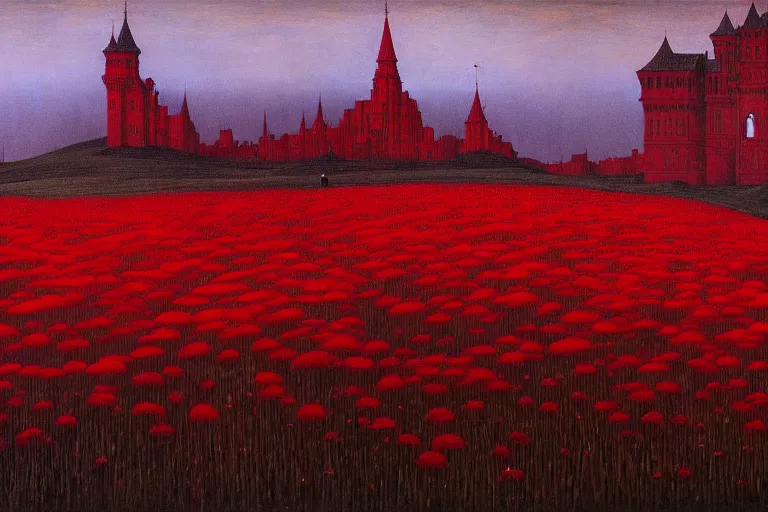 Image similar to only with red, red flowers of different types, red castle in background, red medieval goblins, in the style of beksinski, parts by edward hopper, parts by rodcenko, parts by yue minjun, intricate and epic composition, red by caravaggio, insanely quality, highly detailed, masterpiece, red light, artstation, 4 k