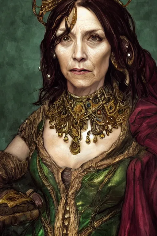 Image similar to portrait, headshot, digital painting, of a 17th century, beautiful, middle aged, middle eastern, wrinkles, wicked, cyborg merchant woman, dark hair, amber jewels, baroque, ornate dark green clothing, scifi, futuristic, realistic, hyperdetailed, concept art, art by waterhouse