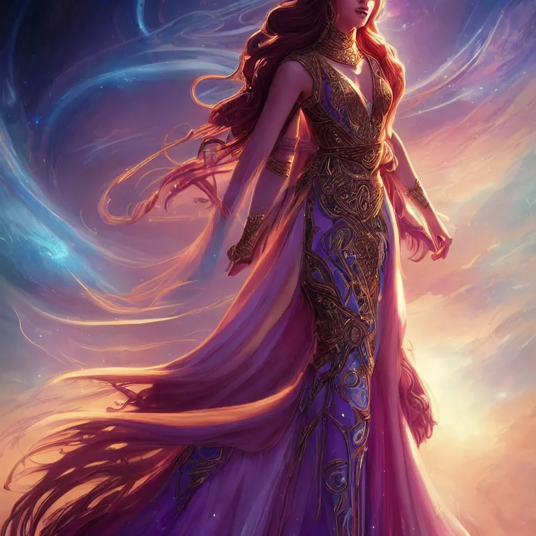 Prompt: beautiful cinematic fantasy poster, a beautiful middle-eastern princess wearing a beautiful dress with flowing illuminated hair, beautiful glowing galaxy eyes, wideshot ultrawide angle epic scale, hybrid from The Elden Ring and art direction by Darius Zawadzki ;by artgerm; wayne reynolds art station; cinematic quality character render; low angle; ultra high quality model; production quality cinema model;