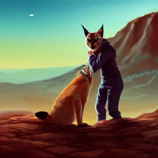 Prompt: Ryan Gosling holding a cute caracal on a mountain on mars, cinematic angle, studio Ghibli, cinematic lighting, detailed oil painting, hyperrealistic, 8k