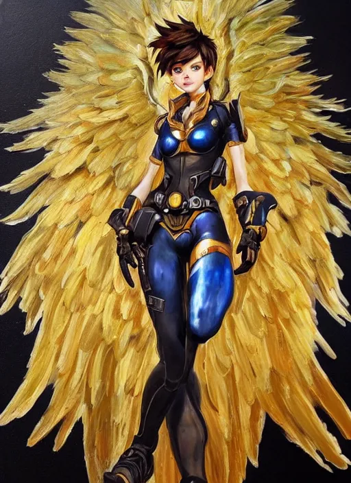 Prompt: full body oil painting of tracer overwatch in the style of jean deville, angel wings, angelic golden armor, dramatic painting, symmetrical composition, ornate, high detail, gold detailed collar!!!!!, blooming, lights, flowers, detailed face,