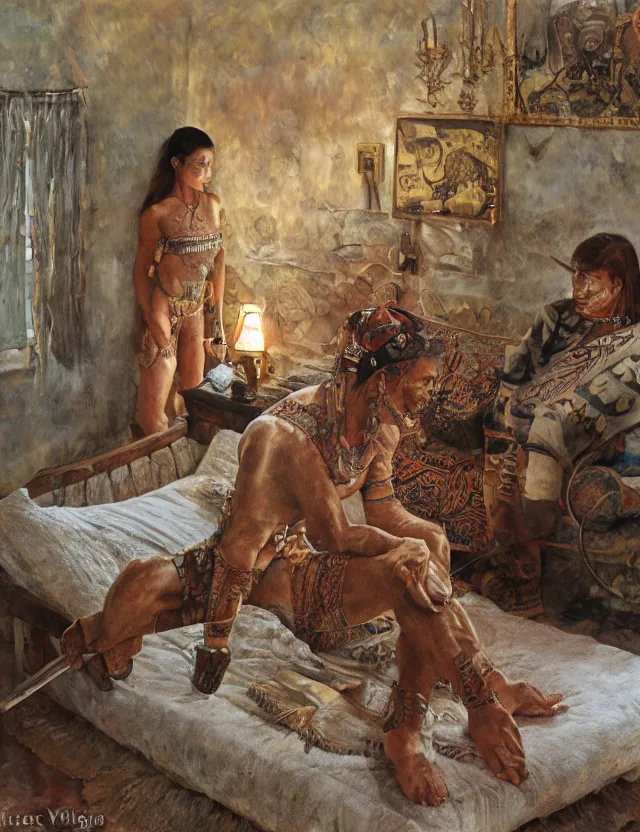 Image similar to a mayan jaguar warrior in country house, cottage core, cinematic focus, bleached vintage pastel colors high - key lighting, soft lights, foggy, by steve hanks, by lisa yuskavage, by serov valentin, by tarkovsky, detailed, oil on canvas