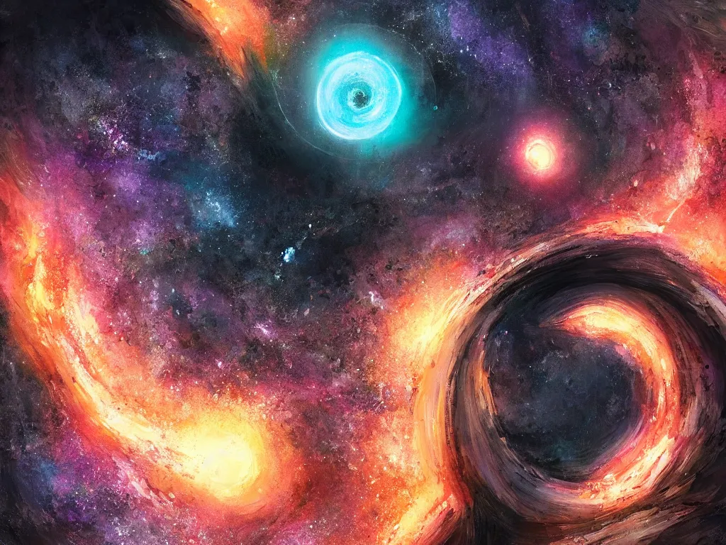 Prompt: black hole, intricate, galaxy, highly detailed, digital painting, concept art, illustration, deep dark, artstation, Profound and vast, UE5, epic, colorful, by Gioele Muscolino