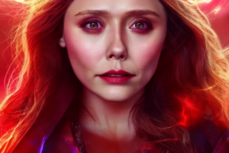 Image similar to movie still of elizabeth olsen as scarlet witch creating a barrier of red energy around herself!!!!!, photorealistic art style, fantasy aesthetic. full - body photography, comprehensive art, thorough details, intricate, artstation, cgsociety contest winner