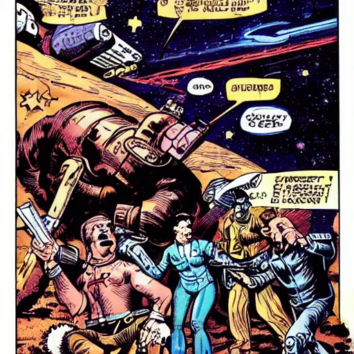 Image similar to space opera gunfight, in the style of feldstein, johnny craig, wally wood, and jack davis