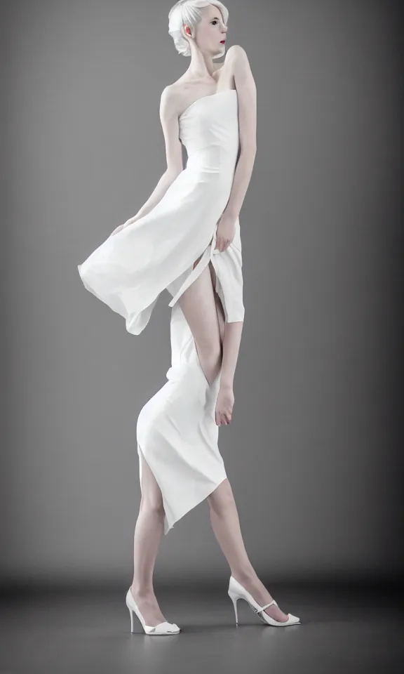 Image similar to photo of gorgeous seductive tall emily skinner cosplaying annie leonhart wearing elegant white dress, legs wearing open toe heels, in a white room, beautiful face, pale skin, rule of thirds, cinematic lighting, sharp focus, backlit, stunning, smooth, hard focus, full body shot, studio photo, shot on sony a 7 iii