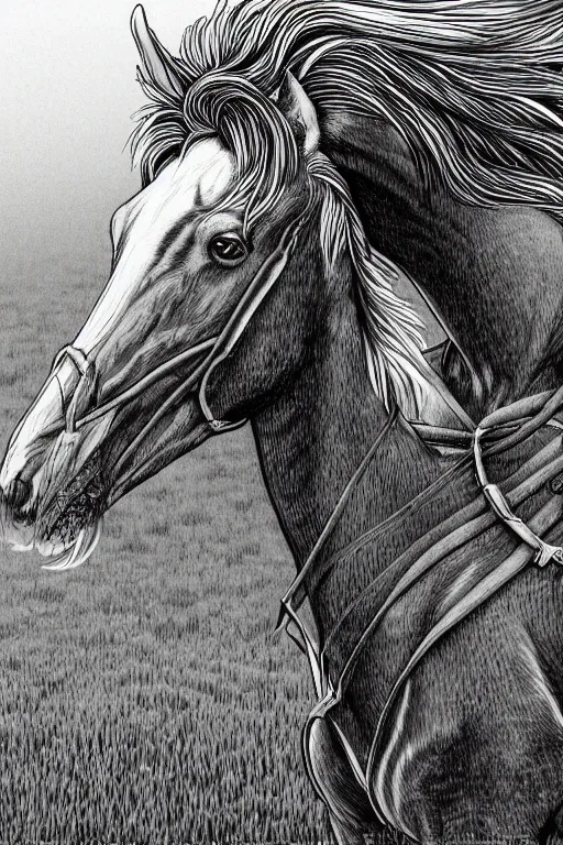 Image similar to horse in a field, symmetrical, highly detailed, digital art, sharp focus, trending on art station, kentaro miura manga art style